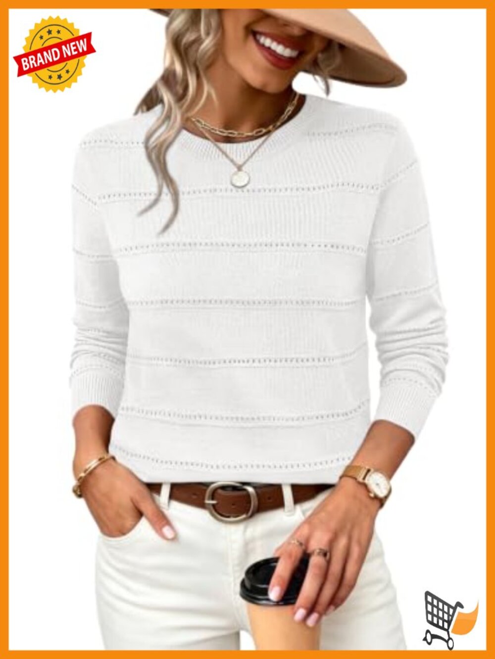 Hollow Out Knit Sweater Scoop Neck Eyelet Stripe Lightweight Pullover